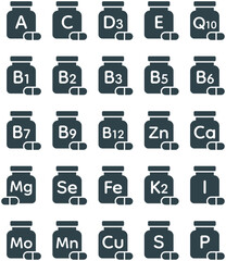 vitamin and mineral complex for human health icons set, micro and macro elements