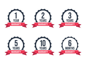1, 2, 3, 5, 10 years warranty icon set, 6 months warranty label