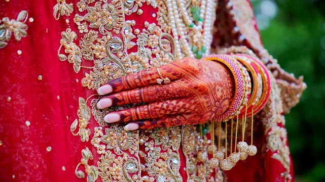 Red color is the traditional Indian clothes, Move camera view of hand