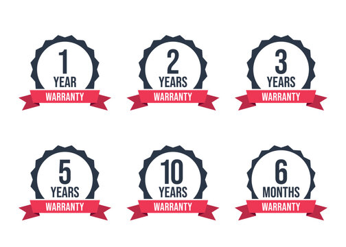 1, 2, 3, 5, 10 years warranty icon set, 6 months warranty label