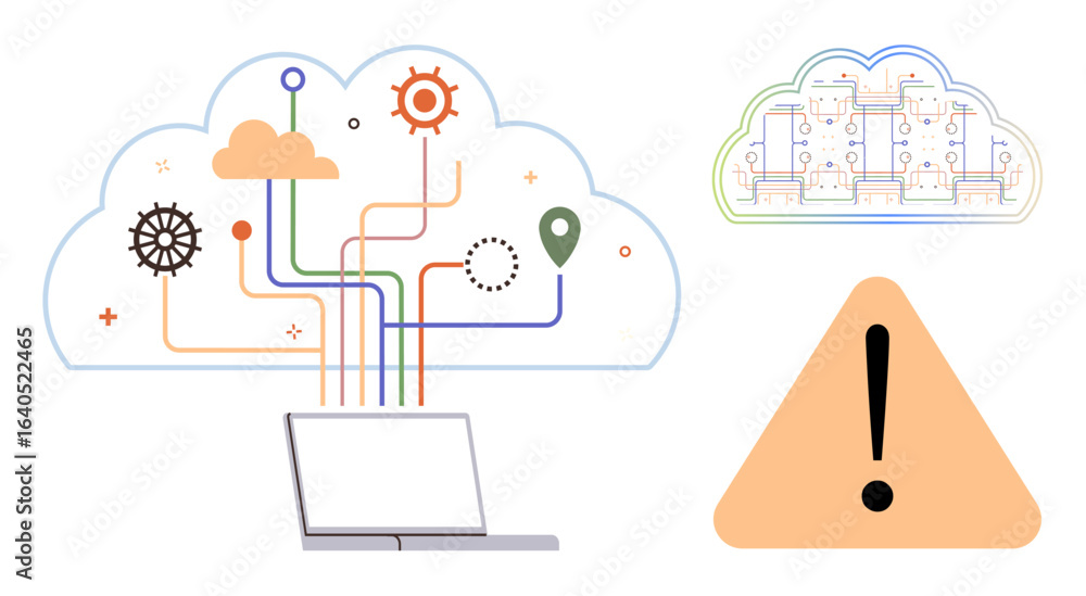 Poster laptop connected to cloud network with data flow, system diagram, and warning icon. ideal for cloud 