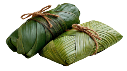 Traditional wrapped food made with leaves, showcasing vibrant green colors and natural materials, perfect for culinary photography.