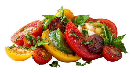 Vibrant assortment of fresh tomatoes garnished with basil, perfect for salads or culinary presentations.