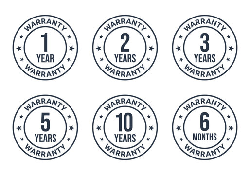 1, 2, 3, 5, 10 years warranty icon set, 6 months warranty label