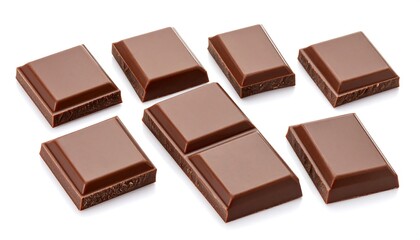 Fototapeta premium Milk chocolate squares scattered on white