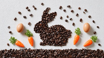 A coffee bean rabbit silhouette, surrounded by coffee beans, two eggs, and miniature carrots, all arranged on a light background