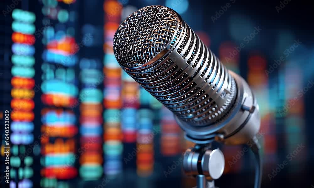 Poster microphone and digital data on a screen background, representing podcasting technology for creating 