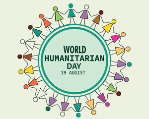 World Humanitarian Day -19 August - horizontal banner template. Arms raised up silhouettes in front of the world map. Recognizing people working and lost their lives humanitarian causes.