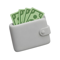 3d white wallet filled with green ten dollar bills on transparent background