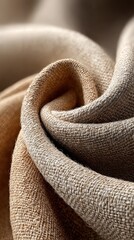 Closeup of draped, textured fabric in warm beige and taupe tones