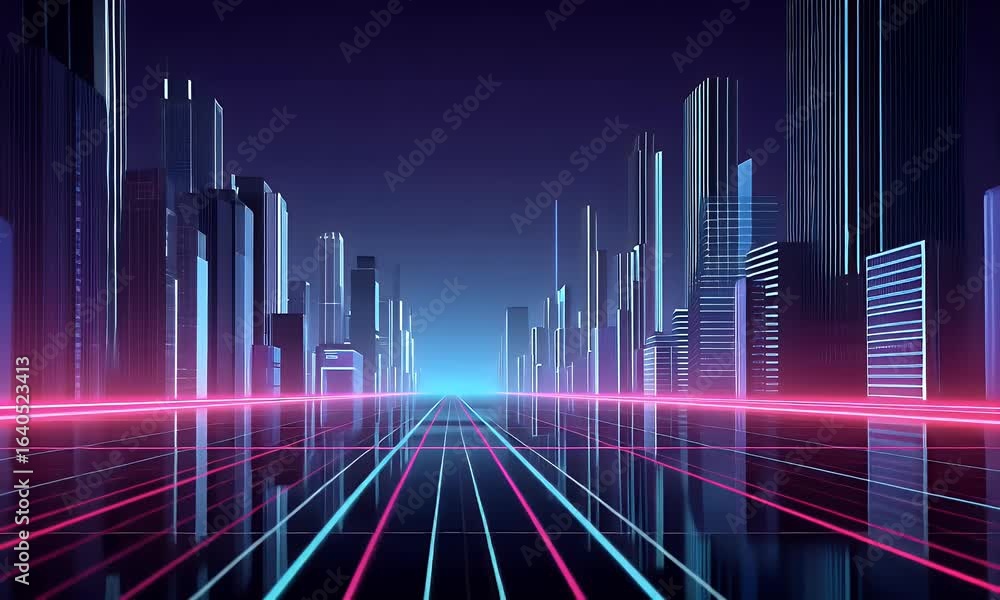 Poster digital background featuring neon lines on a dark city street, creating an immersive and futuristic 