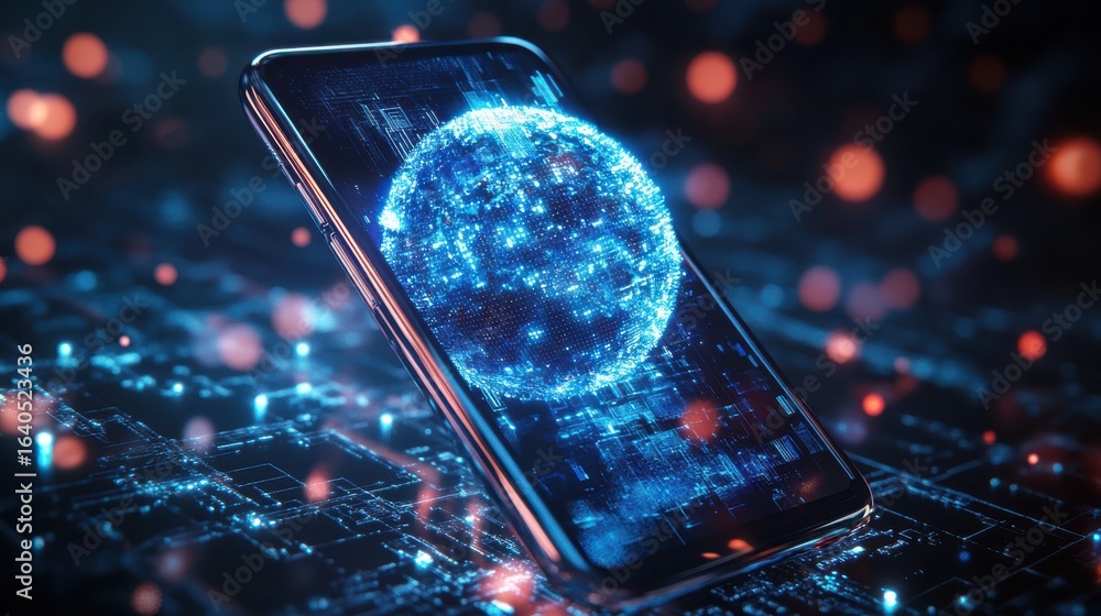 Aufkleber smartphone displaying digital globe in abstract technological setting