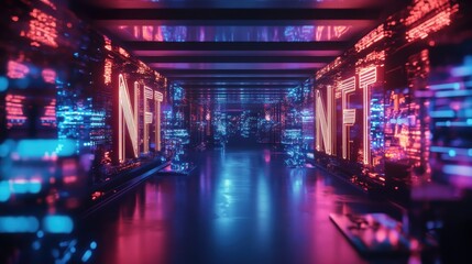 Neon sign 'NFT' illuminating futuristic corridor at night