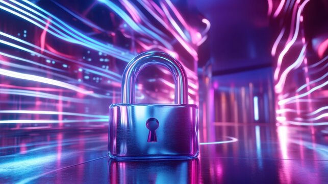 Metallic padlock in futuristic server room with neon lights