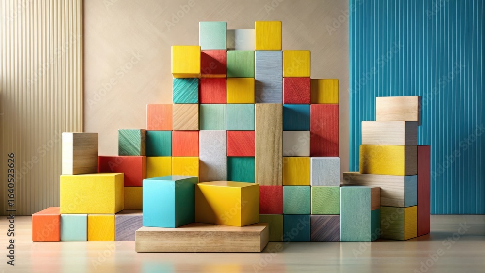 Poster colorful wooden block constructions arranged in abstract forms against a neutral background