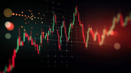 Trading chart with green and red candlesticks and lines on a deep black background with rich dark brown and gray accents