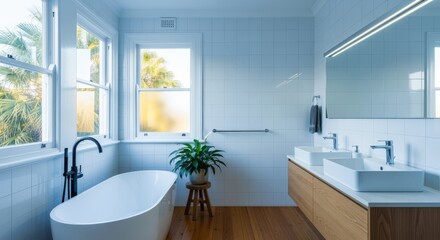 Fototapeta premium Bright and Modern Bathroom Interior with Bathtub, Double Sink Vanity and Natural Light