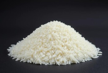 A mound of uncooked white rice sits against a dark backdrop,  rice grains,  culinary