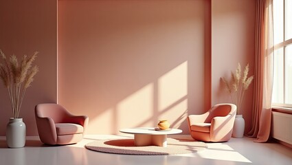Sunlight streams into a cozy, blush-toned living room.