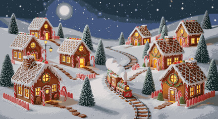 A magical gingerbread village is nestled in a pristine snowy landscape under a starry night sky with a bright full moon, embodies the joy, wonder, festive spirit of Christmas and the holiday season.