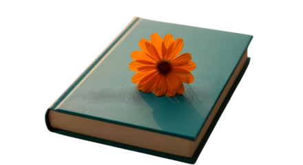 3d orange flower resting on top of a closed blue book isolated on transparent background