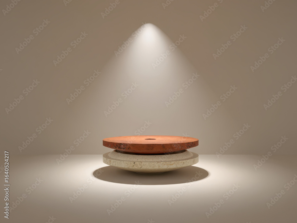 Poster minimalist composition of two stacked circular objects with a spotlight creating a dramatic effect o