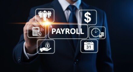 Payroll Management System Concept: Businessman Interacting with a Digital Interface for Business Finance and Accounting