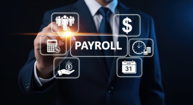 Payroll Management System Concept: Businessman Interacting with a Digital Interface for Business Finance and Accounting