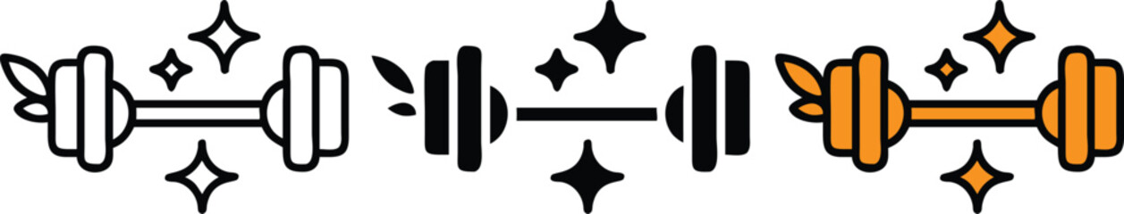 Shiny Dumbbell Line Icons Set – Fitness, Gym, Weightlifting, Exercise, Strength, Workout Vector