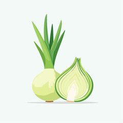 Spring onion, whole and cut in half, vector illustration, flat design, clean lines, white background, minimal style