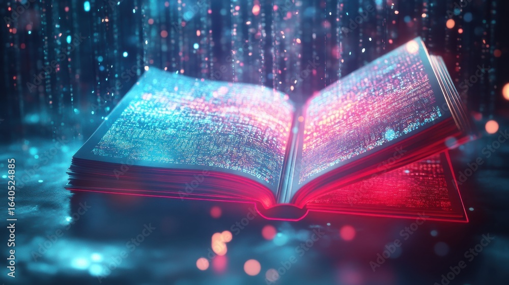 Aufkleber open book displaying glowing text in dark, futuristic setting