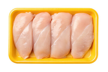 Four raw chicken breasts in a yellow tray isolated on transparent background