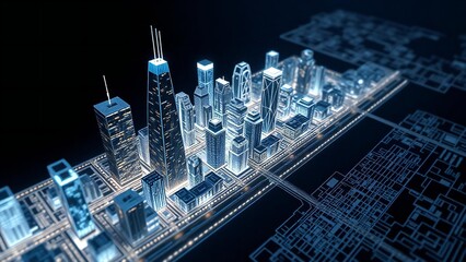 Futuristic glowing city skyline with digital blueprint overlay