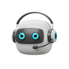3d white robot head with headset isolated on transparent background