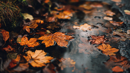 A serene scene of autumn leaves floating on a calm puddle, reflecting the vibrant colors of fall.