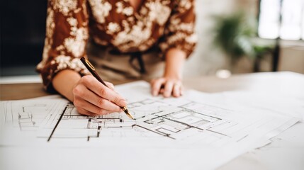 Woman meticulously reviewing architectural blueprints.