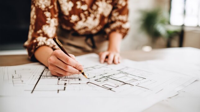 Woman meticulously reviewing architectural blueprints.