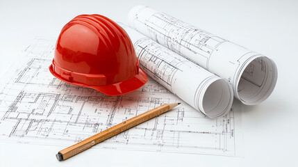 Red hard hat, blueprints, and pencil arranged on a desk, symbolizing construction and project planning in the industry.