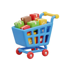 3d a blue shopping cart filled with colorful gifts isolated on transparent background