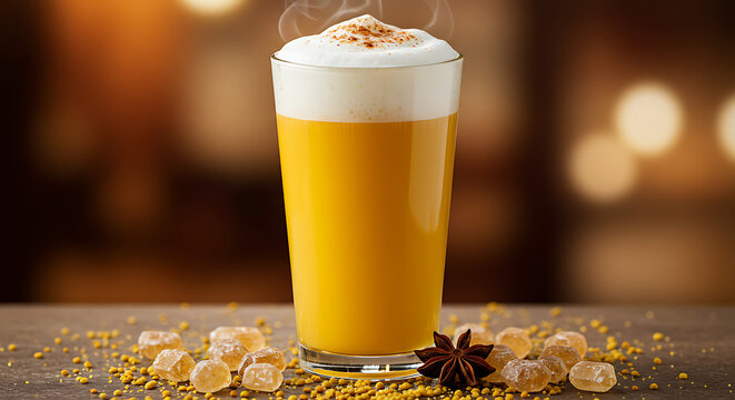 Warm spicy turmeric latte with frothy milk and aromatic spices