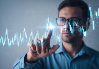 Man interacting with futuristic financial stock market data visualization