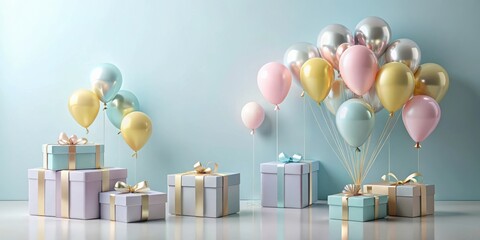 Pastel Balloons and Gift Boxes on a Light Blue Background A Festive Celebration
