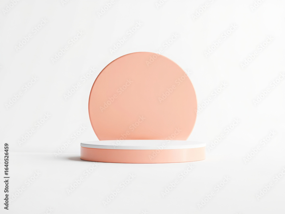 Poster minimalist modern geometric display stand or platform with a peach colored circle and base, isolated