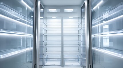 Obraz premium Empty Refrigerator Interior with Glass Shelves and LED Lighting, Offering Ample Storage Space