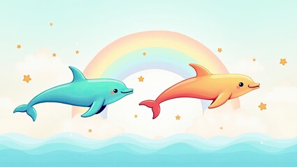 Fototapeta premium Two playful dolphins leap through the sky.