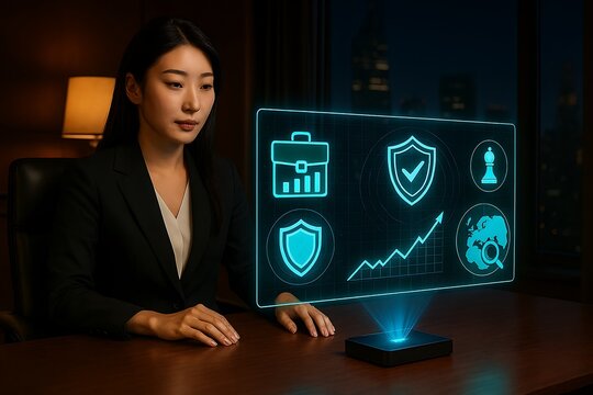 Asian businesswoman interacting with a futuristic holographic financial data display