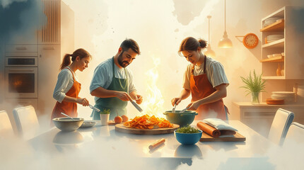 An epic scene of making dinner as a delicate watercolor masterpiece