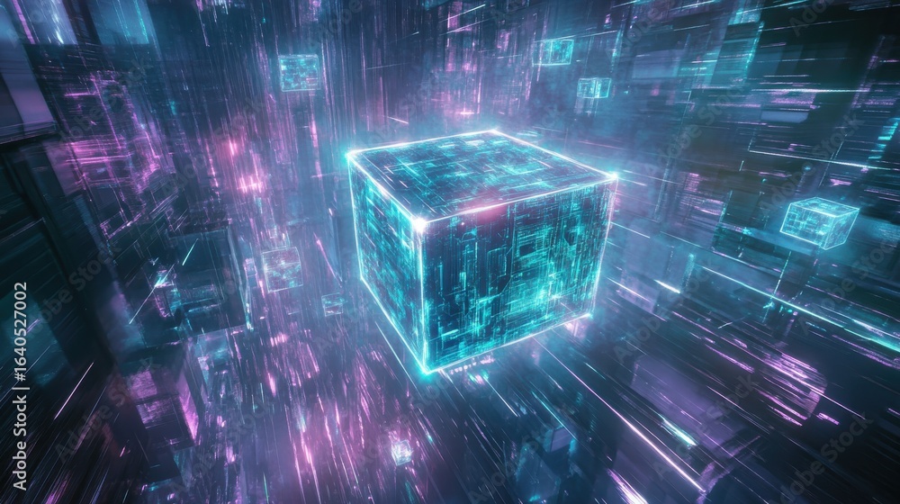 Poster glowing cubes floating in abstract digital nighttime space
