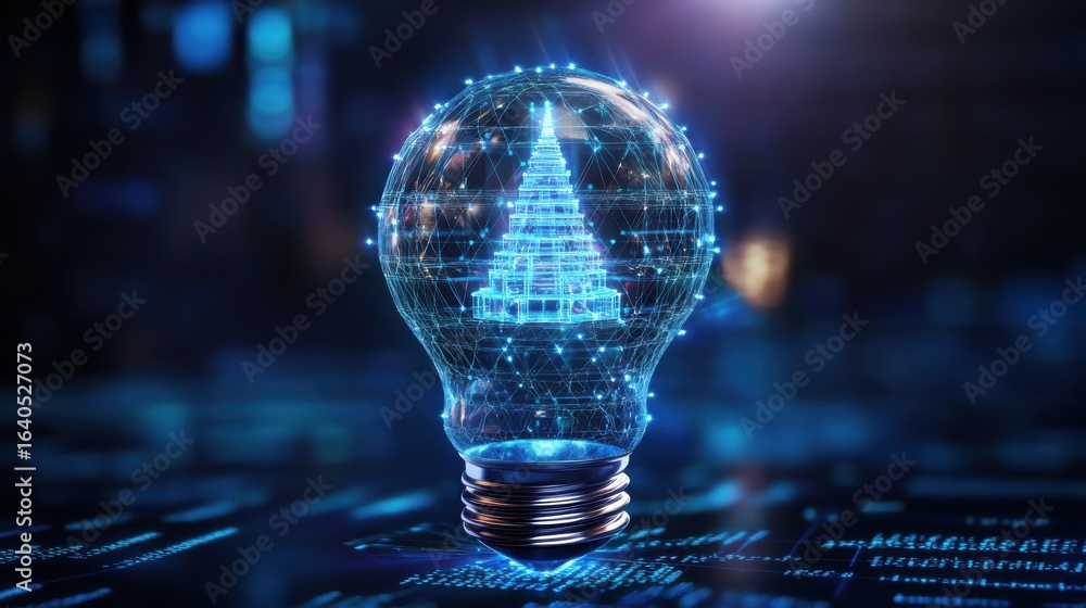 Poster glowing lightbulb with digital building model in dark setting