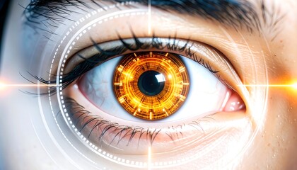 Close-up of a human eye with futuristic, glowing orange iris